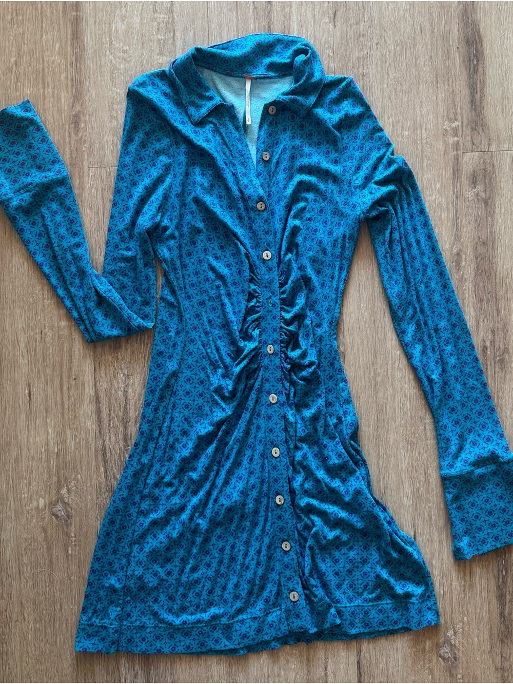 Free People Teal Blue Long-Sleeve Button Ruched Dress
